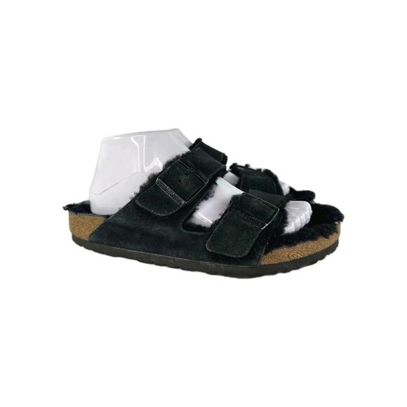 Birkenstock Shoes - Birkenstock Arizona Shearling Sandals Sz 8 Black Suede Lined Buckle Shoes